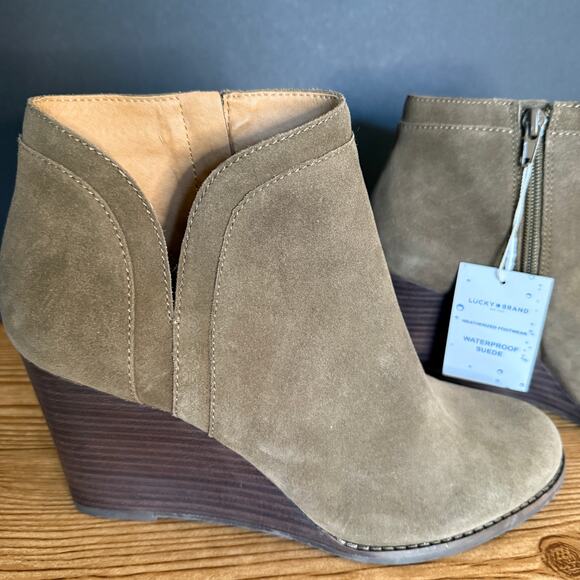 Lucky Brand Waterproof Leather Suede Wedge Yimina Ankle Boot Booties Sz 10 Green - Picture 11 of 16